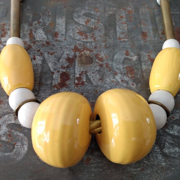 Vintage Jewelry - Vintage Yellow Chunky Ceramic Necklace Large Statement Beads Brass Rope